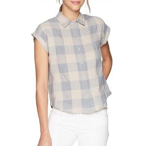 Lucky Brand Beige and Light Blue Plaid Button-Front Cap Sleeve Top